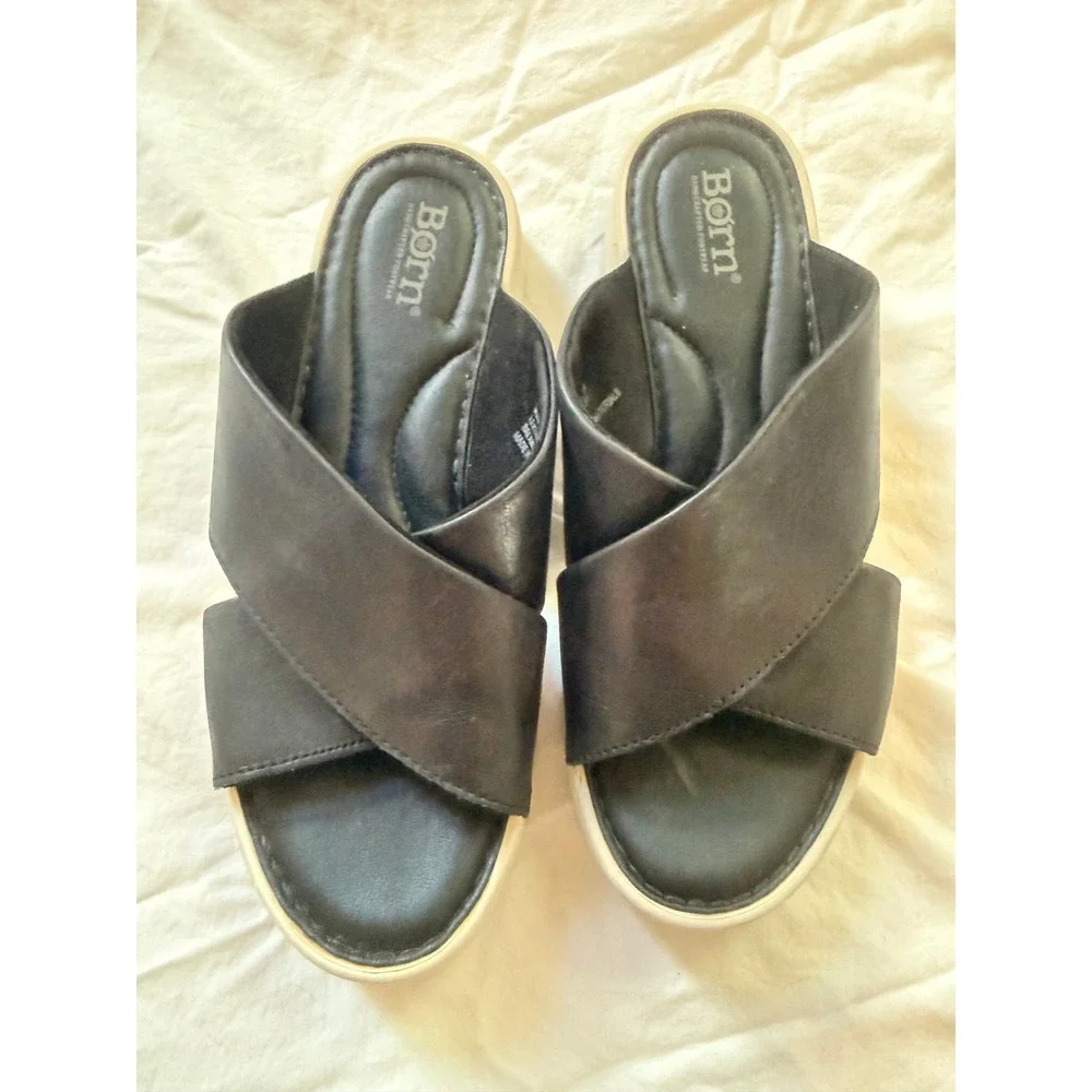 Born Black Leather‎ Crisscross Platform Slide Sandals BR0004803 Women 8M